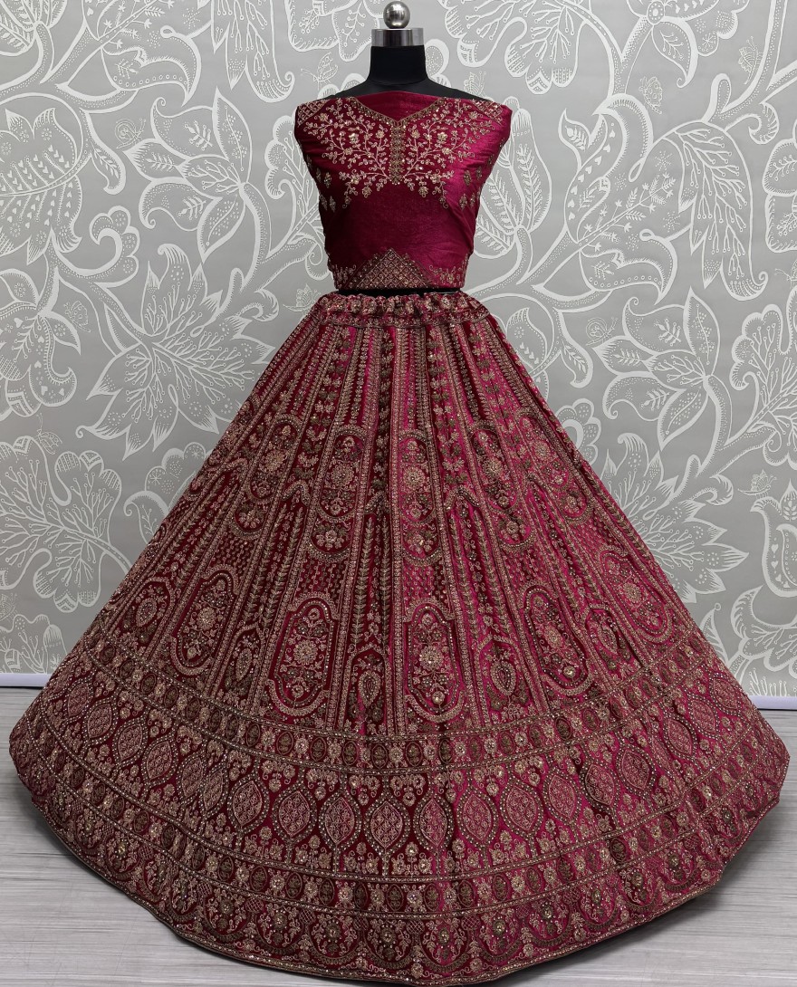 2858 - Double dupatta combine Red Velvet Lehenga choli in Dori work